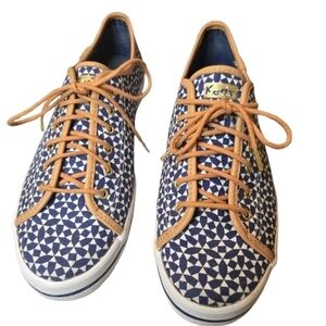 Keds Blue and White Geometric Sneakers With Leather Trim